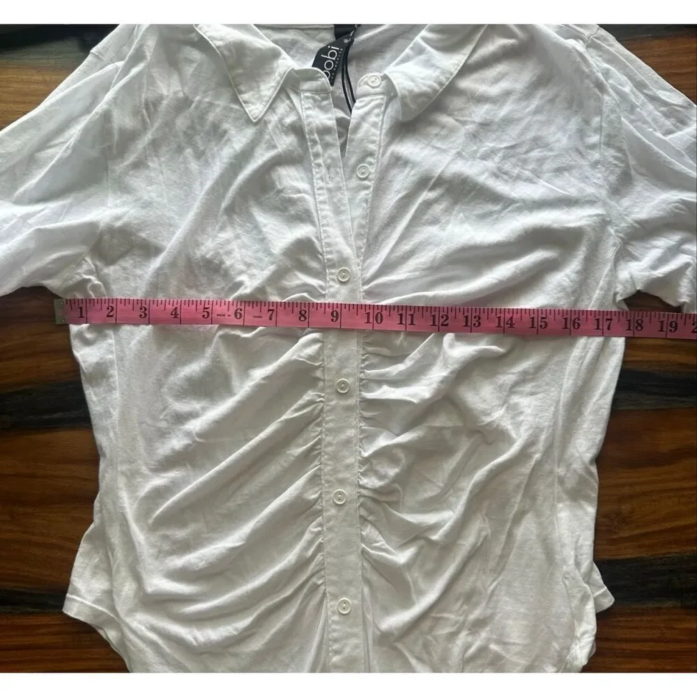 bobi Button Front Shirred Placket Tee in White Size XL